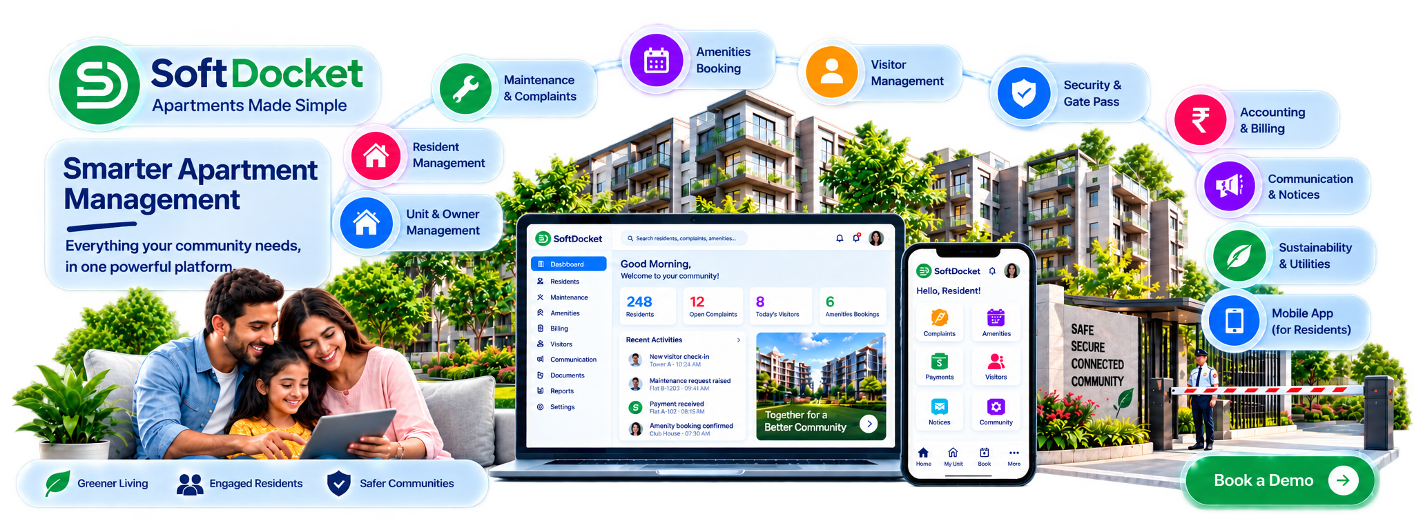SoftDocket Apartment ERP — smarter apartment management with resident, maintenance, amenities, billing and security modules in one platform.
